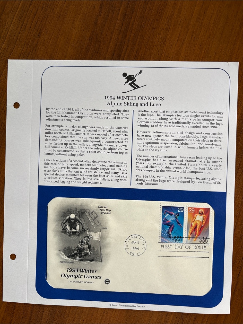 1994 Winter Olympics Alpine Skiing & Luge Commemorative First Day Cover